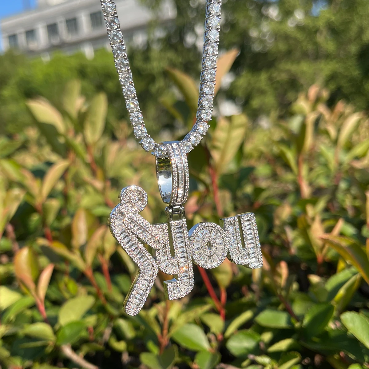 Bubble Letter Iced Out Necklace for Men Baguette Prong Setting Pendants Real Copper Cubic Zirconia Hip Hop Jewelry