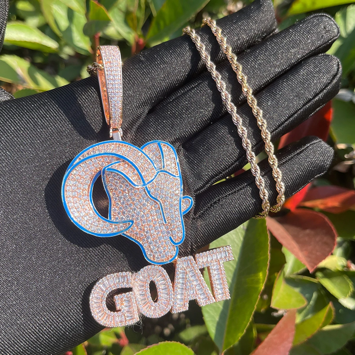 Bubble Letter Goat Necklace Pendant for Men Iced Out Cubic Zirconia Real Copper Hip Hop Jewelry