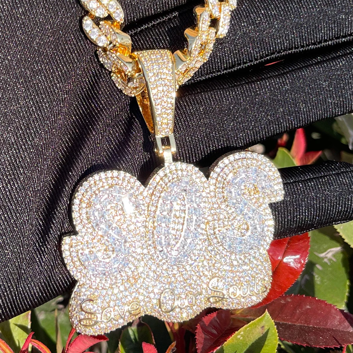 Bubble Letter Save Our Soul Pendant Iced Out Necklace for Men Prong Setting Real Copper Cubic Zirconia Hip Hop Jewelry