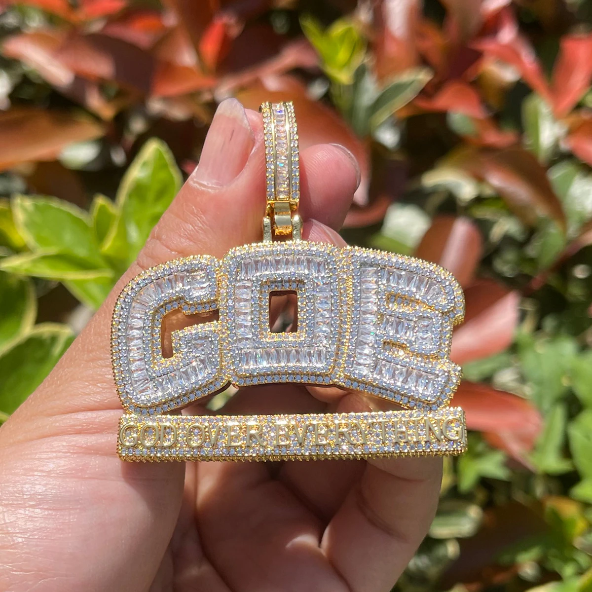 Bubble Letter Iced Out Necklace for Men God Over Everything Pendant Double Color Hip Hop Jewelry