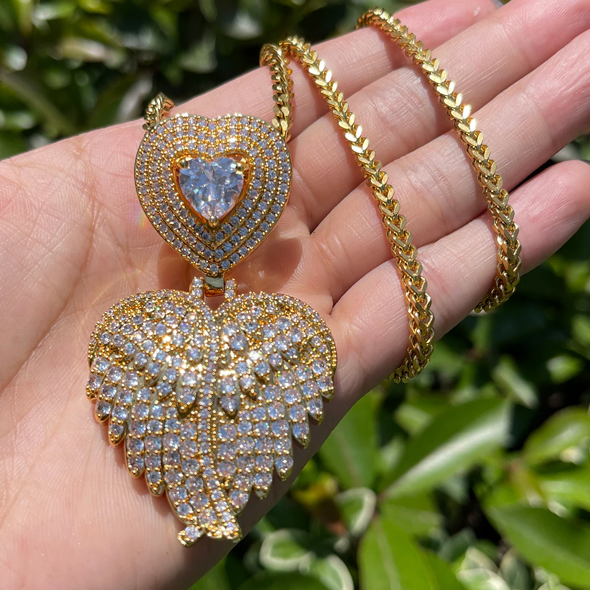 Bubble Letter Iced Out Necklace for Women Heart Bail Prong Wing Pendant Real Gold Plated Hip Hop Jewelry