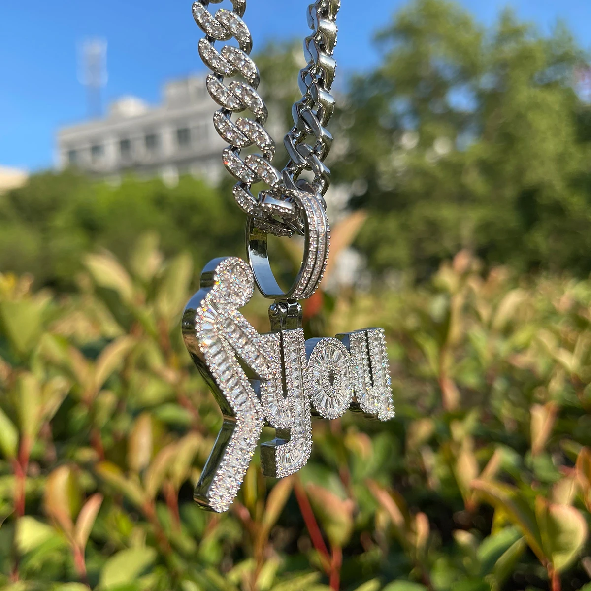Bubble Letter Iced Out Necklace for Men Baguette Prong Setting Pendants Real Copper Cubic Zirconia Hip Hop Jewelry