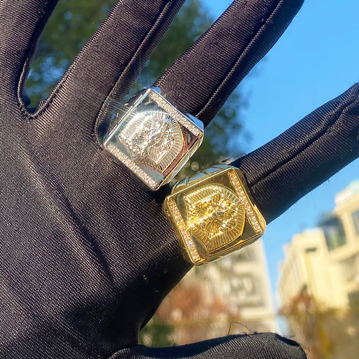 Bubble Letter Iced Out Pyramind Ring for Men Real Gold Plated Cubic Zirconia Hip Hop Jewelry