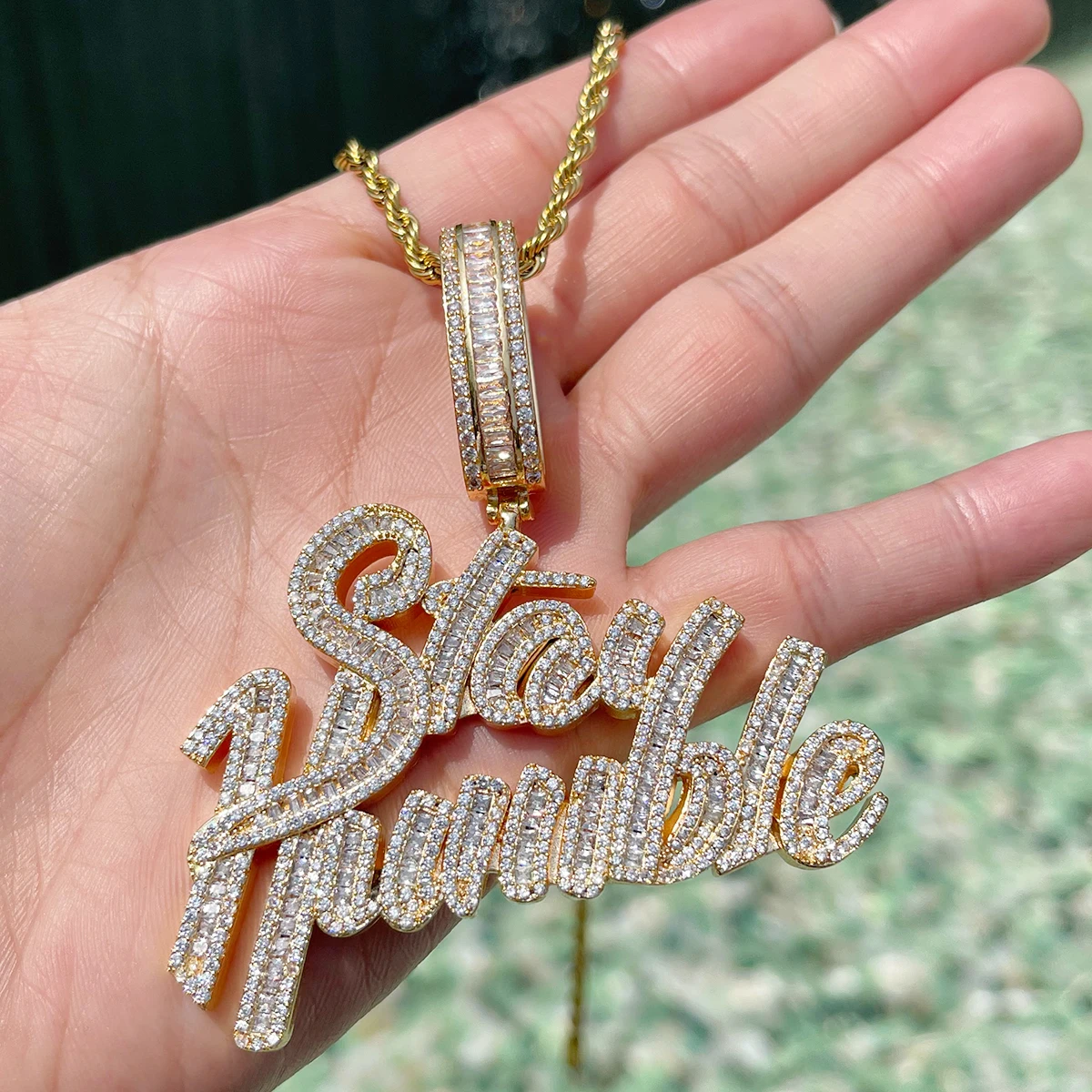 Bubble Letter Stay Humble Necklace for Men Iced Out Pendant Real Gold Plated Cubic Zirconia Hip Hop Jewelry