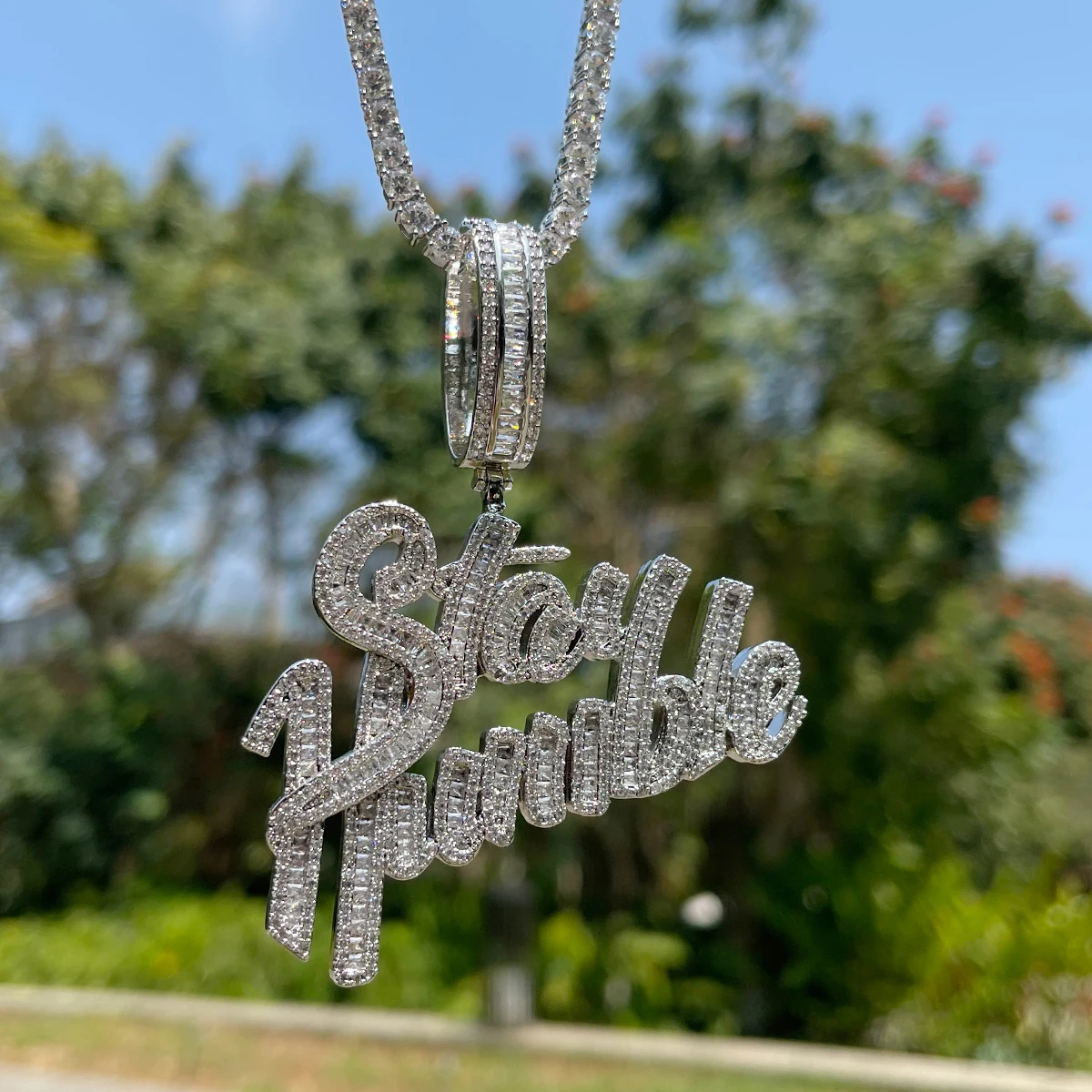 Bubble Letter Stay Humble Necklace for Men Iced Out Pendant Real Gold Plated Cubic Zirconia Hip Hop Jewelry