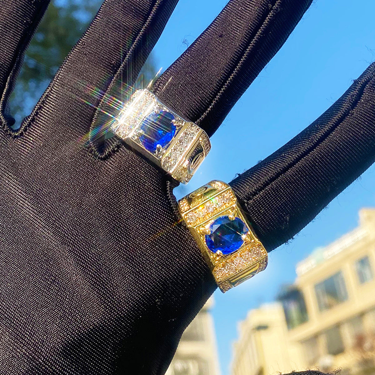 Bubble Letter Iced Out Blue Stone Ring for Men Real Gold Plated Hip Hop Jewelry