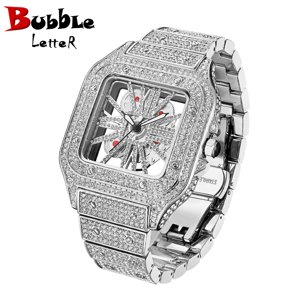 Bubble Letter SKELETON RED DIAL VVS ICED OUT DIAMOND DESIGNER WATCH