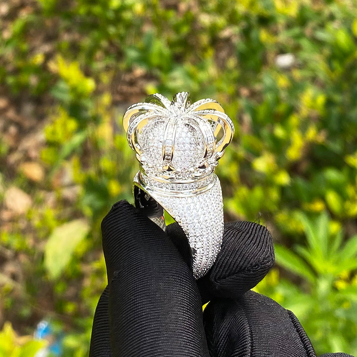Bubble Letter Iced Out Crown Ring for Men Real Gold Plated 5A Cubic Zirconia Hip Hop Jewelry