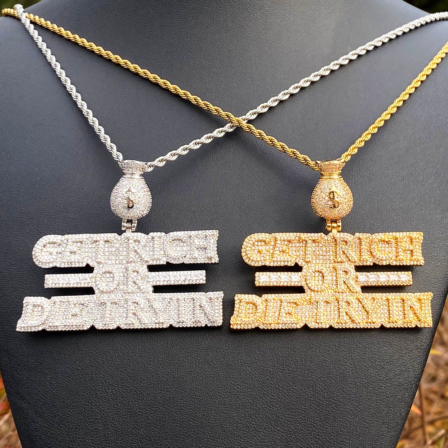 Bubble Letter Iced Out Necklace Pendant for Men Real Copper Get Rich Hip Hop Jewelry