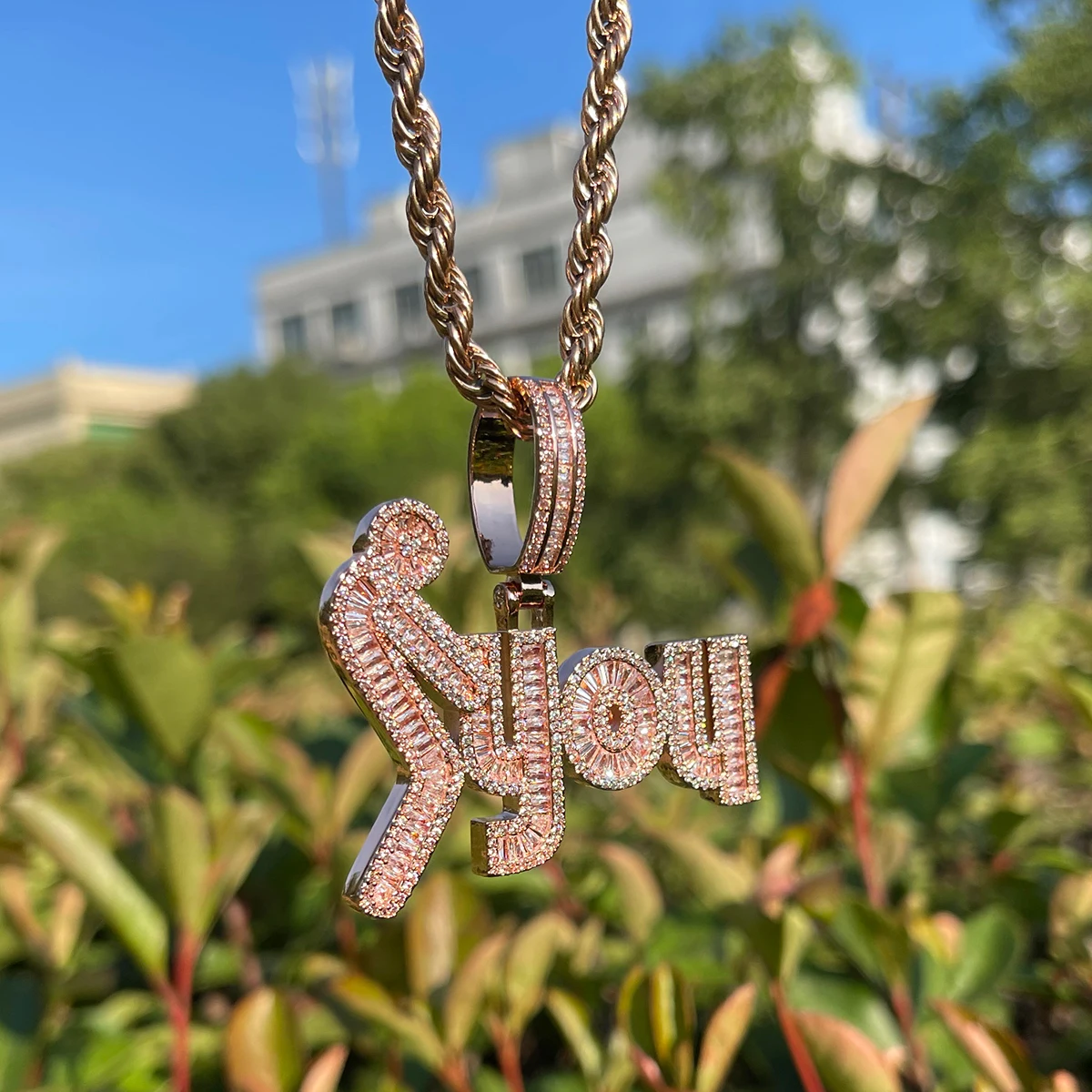 Bubble Letter Iced Out Necklace for Men Baguette Prong Setting Pendants Real Copper Cubic Zirconia Hip Hop Jewelry