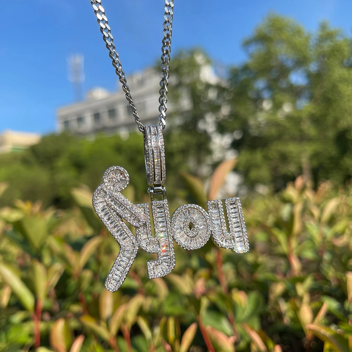 Bubble Letter Iced Out Necklace for Men Baguette Prong Setting Pendants Real Copper Cubic Zirconia Hip Hop Jewelry