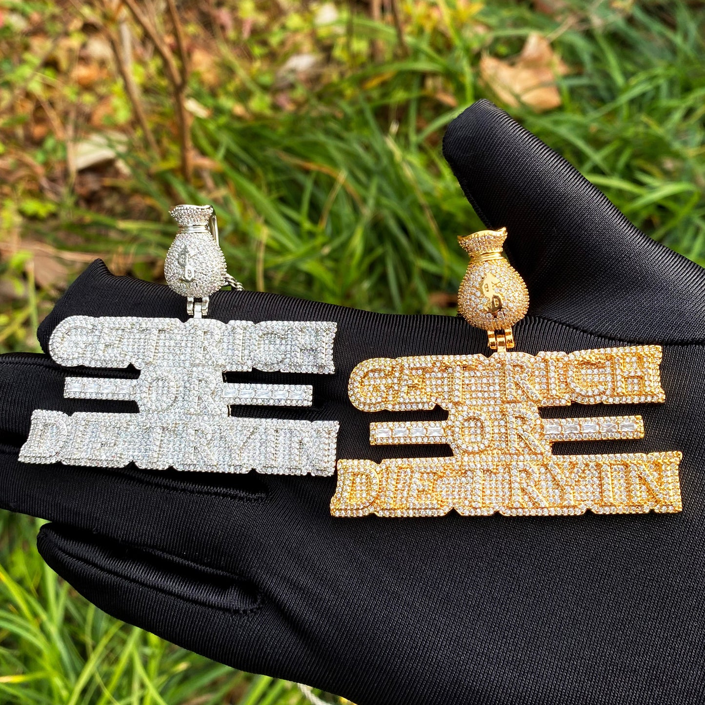 Bubble Letter Iced Out Necklace Pendant for Men Real Copper Get Rich Hip Hop Jewelry