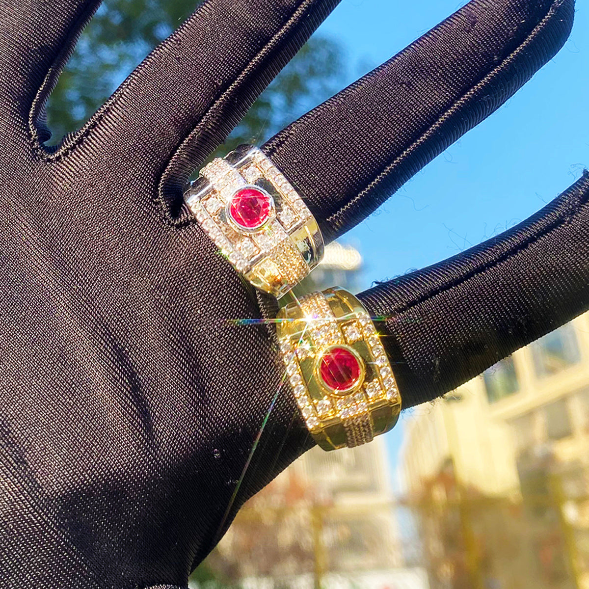 Bubble Letter Iced Out Pink Stone Ring for Men Real Gold Plated Hip Hop Jewelry