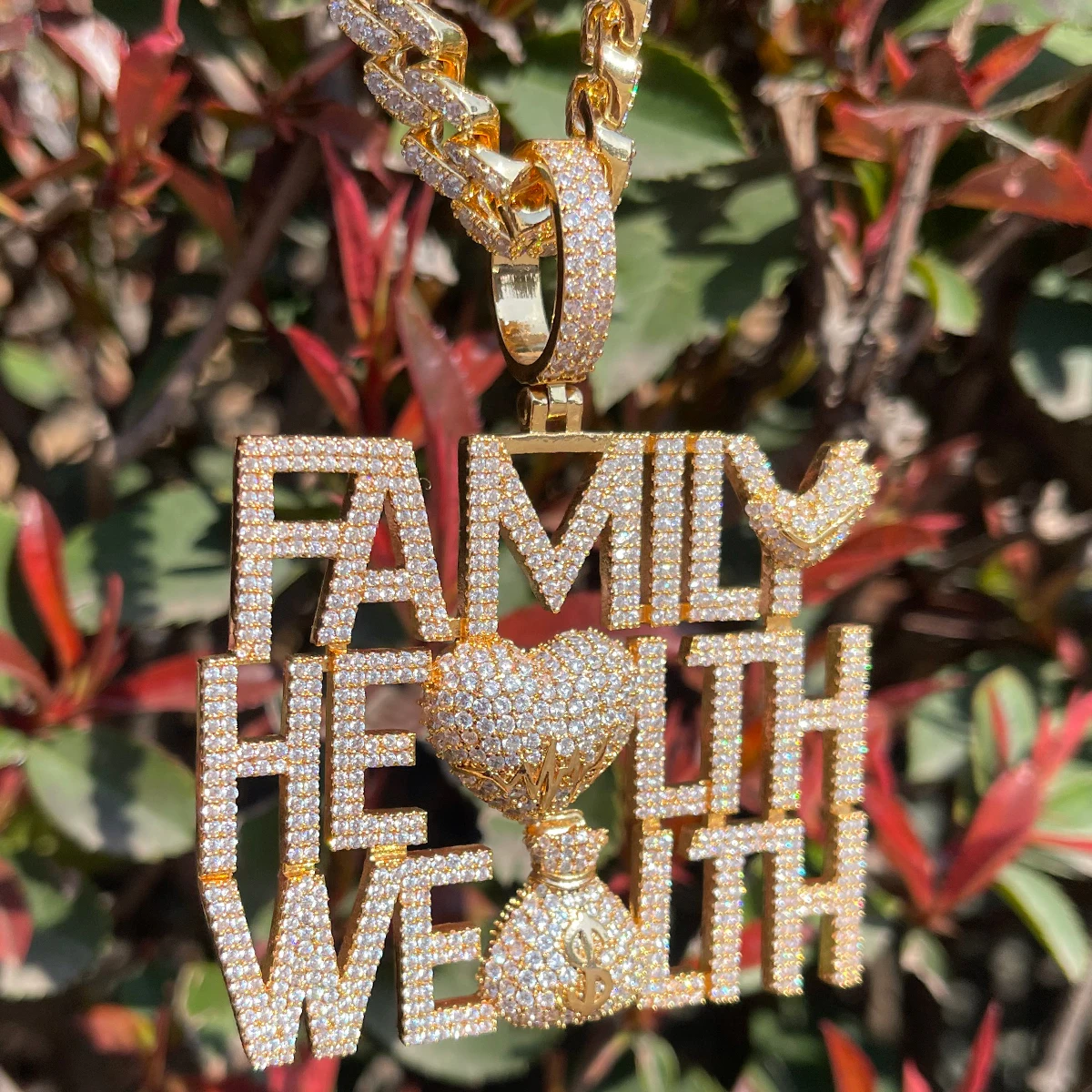 Bubble Letter Iced Out Pendant Family Health Wealth Necklace for Men Prong Setting Hip Hop Jewelry