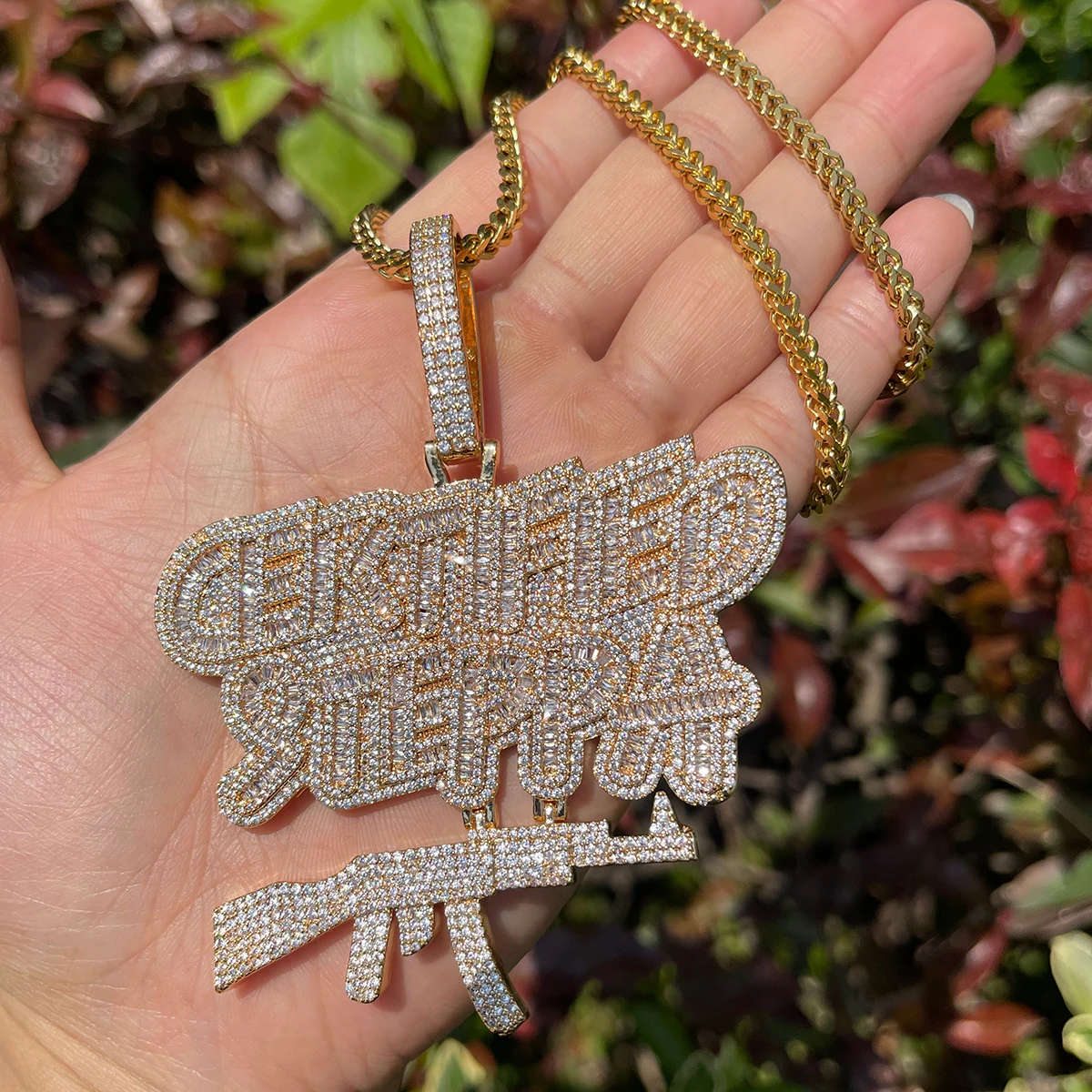 Bubble Letter Certified Steppa Gun Necklace for Men Iced Out Pendant Real Gold Plated Cubic Zirconia Hip Hop Jewelry