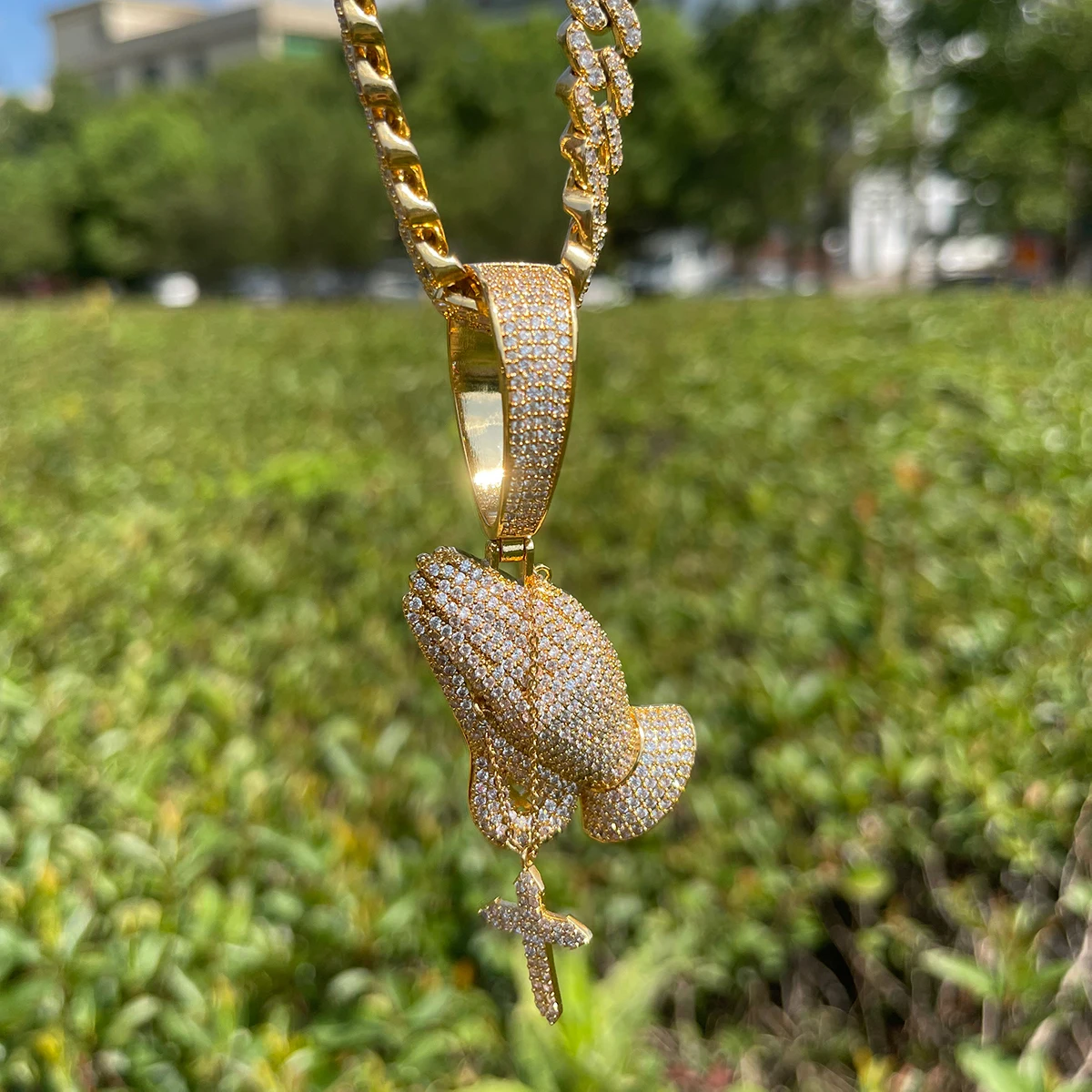 Bubble Letter Iced Out Pray Hands Cross Necklace for Men Real Gold Plated Cubic Zirconia Hip Hop Jewelry