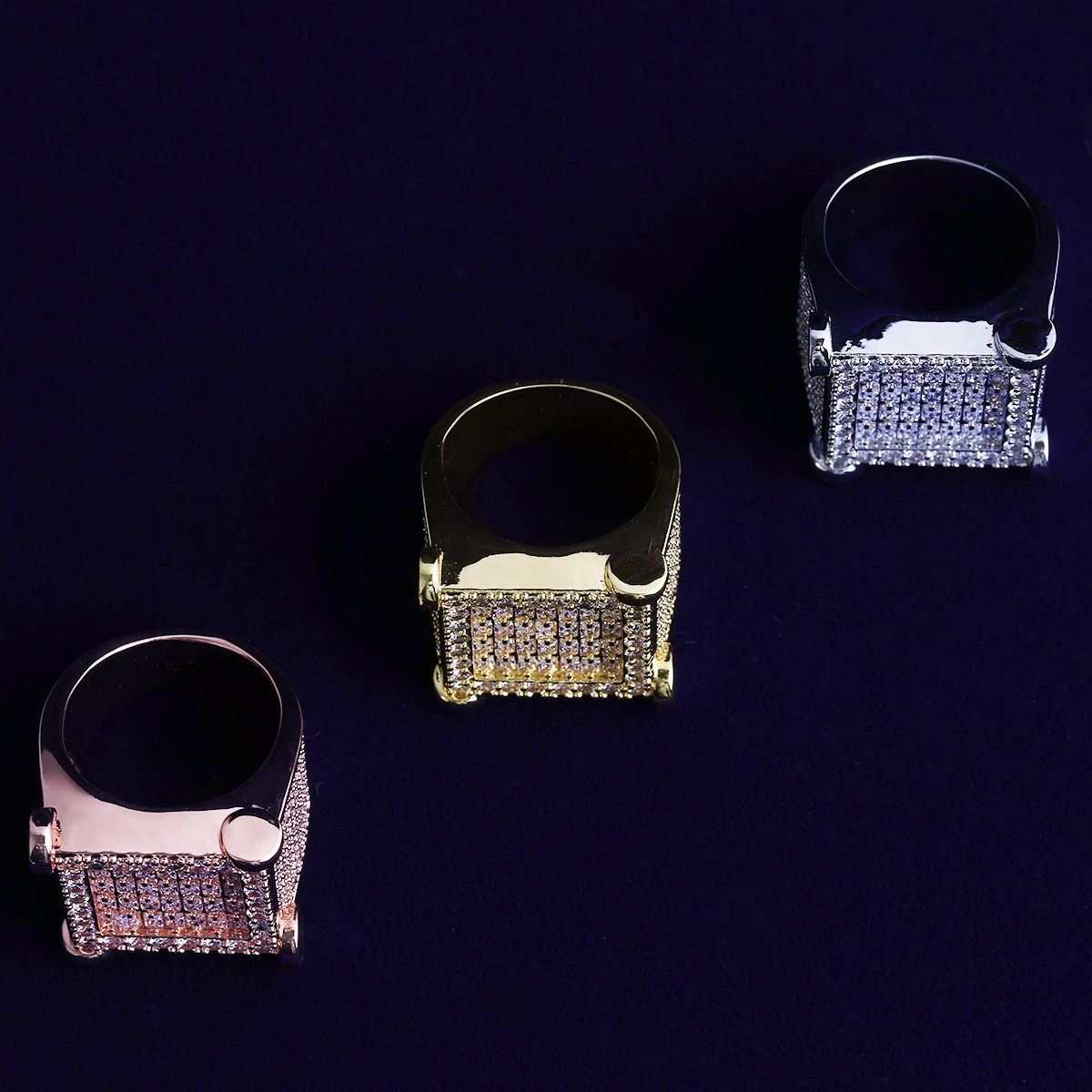 Bubble Letter Iced Out Nail Square Baguette Ring for Men Real Gold Plated Cubic Zirconia Hip Hop Jewelry