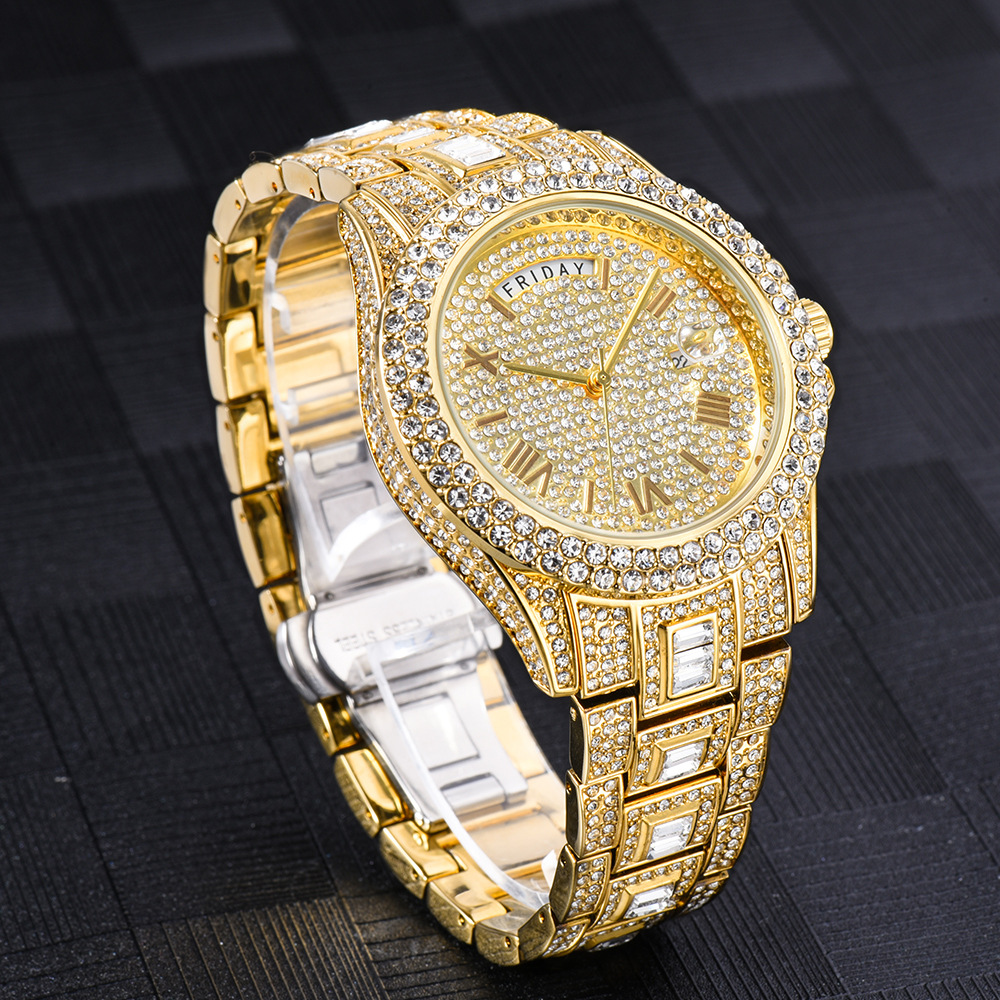 Bubble Letter DAY DATE ROMAN NUMERALS VVS ICED OUT DIAMOND WATCH