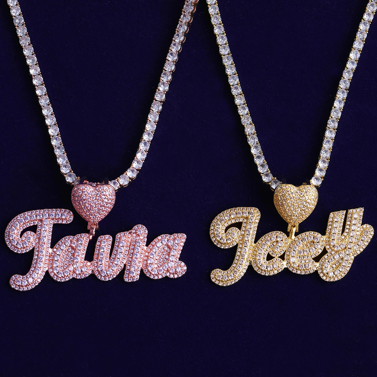Bubble Letter Iced Out Custom Name Necklace Pendant for Men Heart Bail Real Gold Plated Hip Hop Jewelry