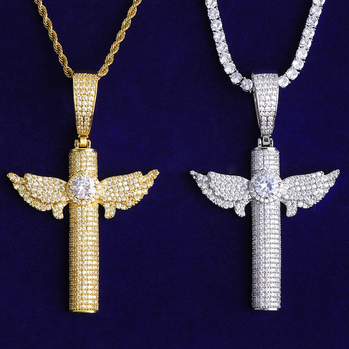 Bubble Letter Iced Out Wing Cross Necklace Pendant for Men Prong Setting 5A Cubic Zirconia Hip Hop Jewelry