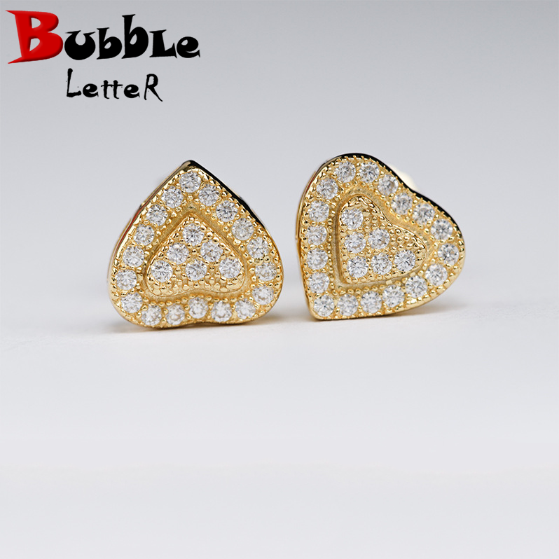 Bubble Letter Silver Moissanite VVS Double Heart Stud Earring for Men Hip Hop Jewelry