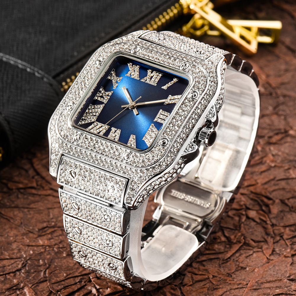Bubble Letter SQUARE BLUE DIAL VVS NUMERALS ICE OUT DIAMOND WATCH