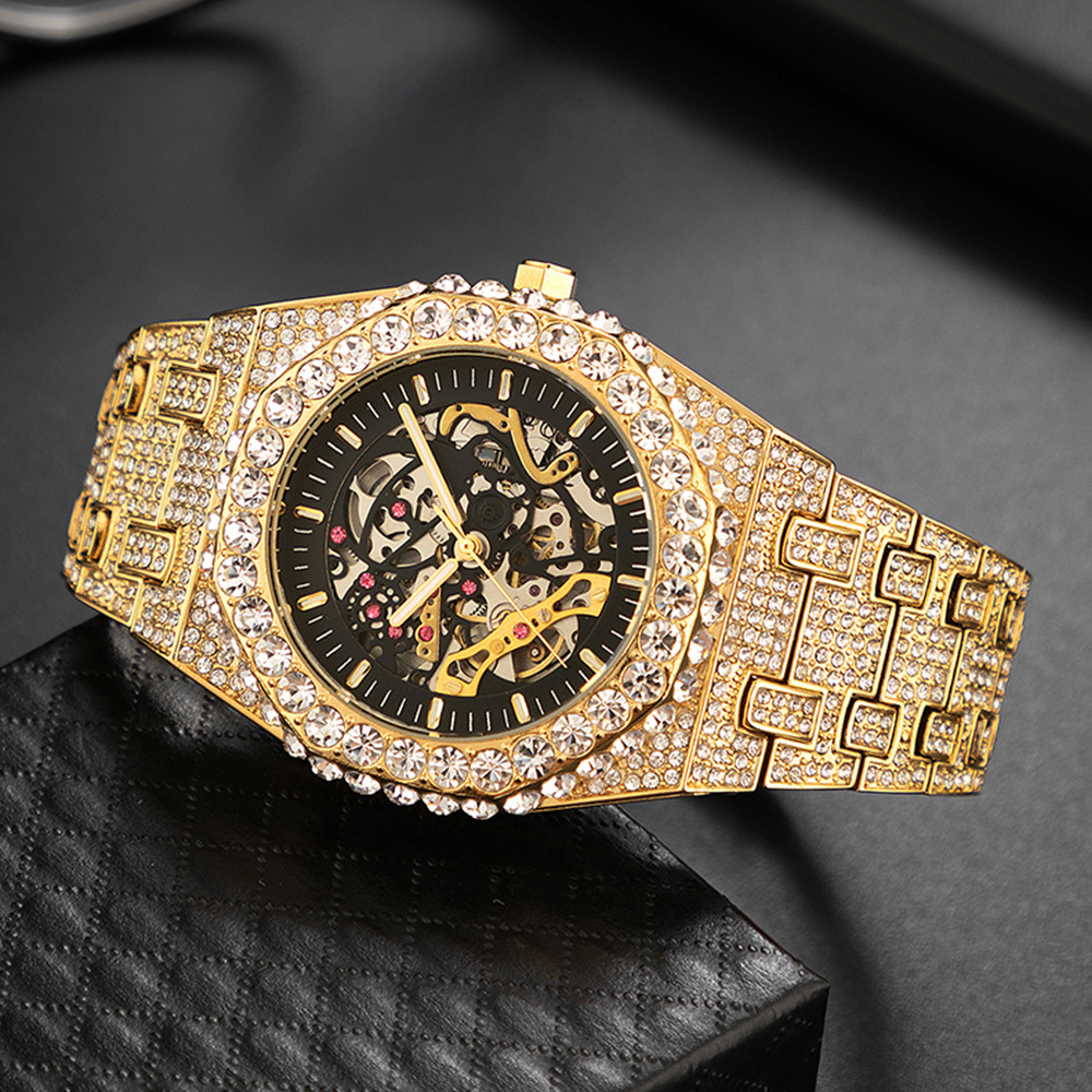 Bubble Letter SELF-WIND MECHANICAL SKELETON ICED OUT DIAMOND WATCH