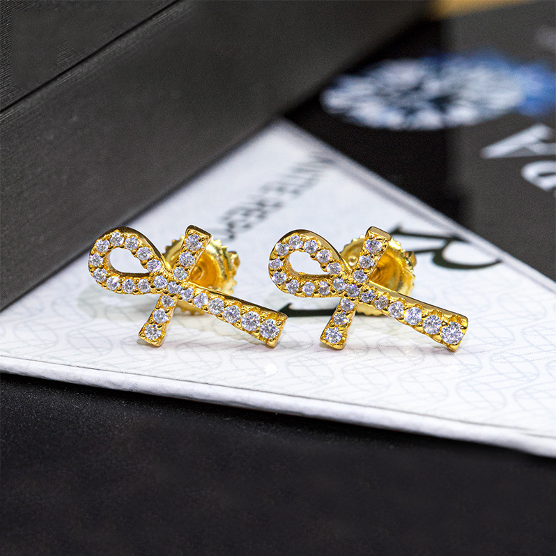 Bubble Letter Silver Moissanite VVS Ankh Cross Stud Earring for Men Hip Hop Jewelry