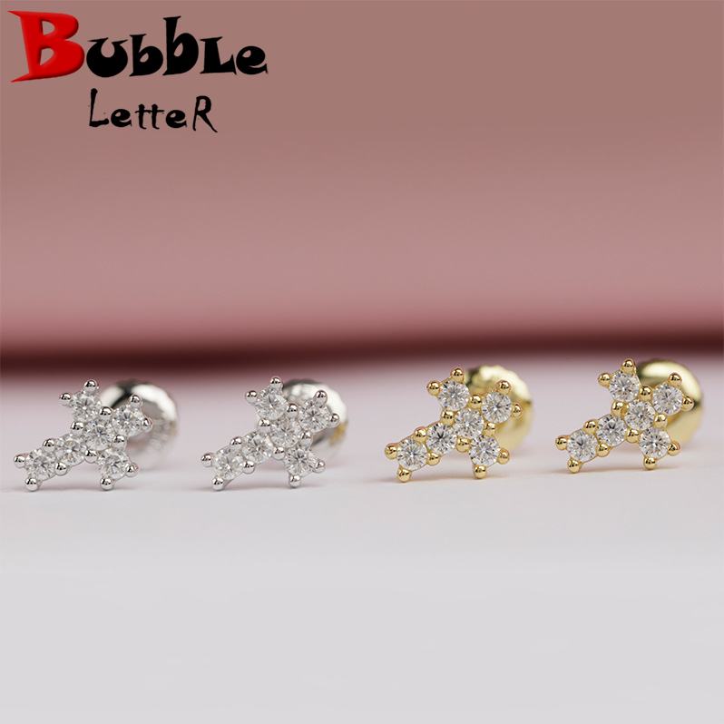 Bubble Letter Silver Moissanite VVS Tiny Cross Stud Earring for Men Hip Hop Jewelry