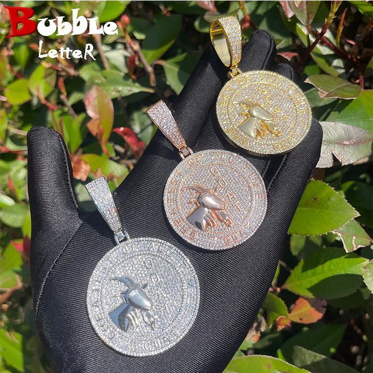 Bubble Letter Iced Out Goat Necklace Pendant for Men Real Copper Cubic Zirconia Gold Plated Hip Hop Jewelry