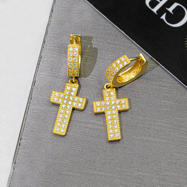 Bubble Letter Silver Moissanite VVS Cross Eardrop Earring for Men Hip Hop Jewelry