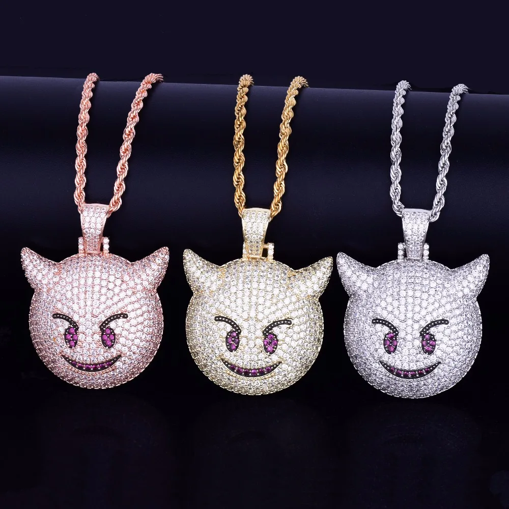 Bubble Letter Demon Evil Expression Necklace & Pendant Gold Color Plated Bling Zircon Hip Hop Rock Street Jewelry