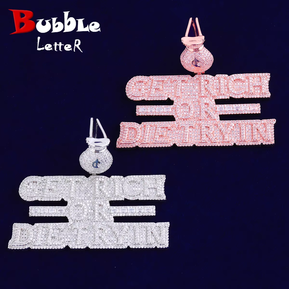 Bubble Letter Iced Out Necklace Pendant for Men Real Copper Get Rich Hip Hop Jewelry