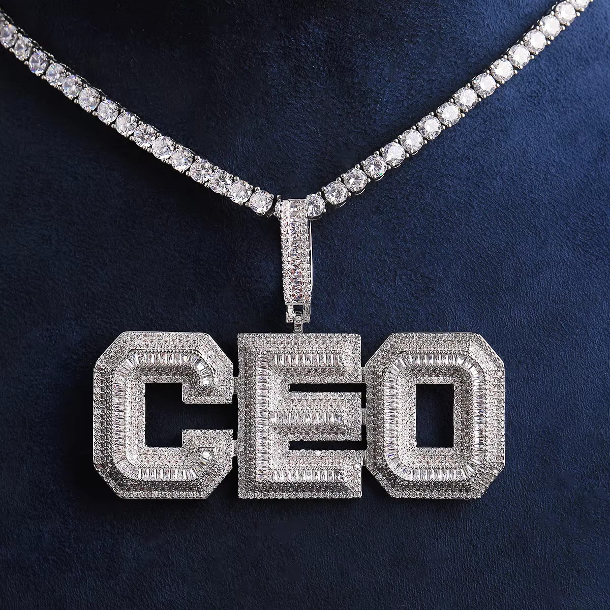 Bubble Letter Iced Out Text Letter CEO Necklace Pendant for Men Real Gold Plated Cubic Zirconia Hip Hop Jewelry