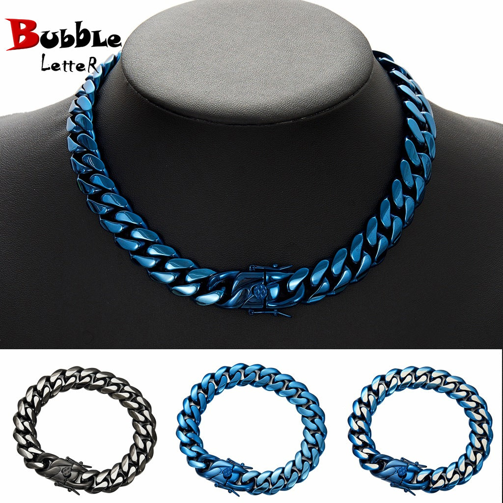 Bubble Letter Stainless Steel Miam Cuban Link for Men Necklace Choker Blue Color Hip Hop Jewelry
