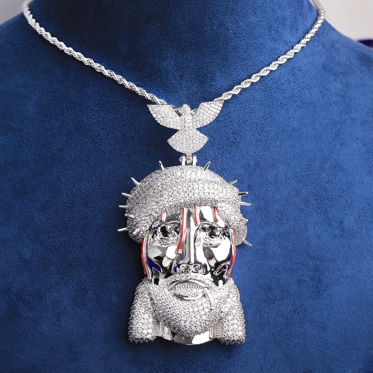 Bubble Letter Iced Out Jesus Barbered Wire Dove Bail Necklace Pendant for Men Prong Setting 5A Cubic Zirconia Hip Hop Jewelry
