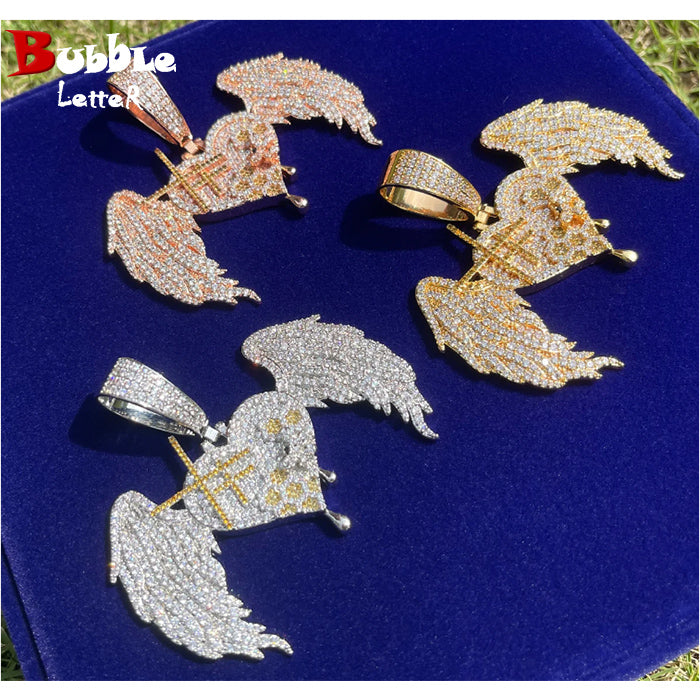 Bubble Letter Iced Out Heart Wings Necklace Pendant for Women Real Gold Plated Cubic Zirconia Hip Hop Jewelry