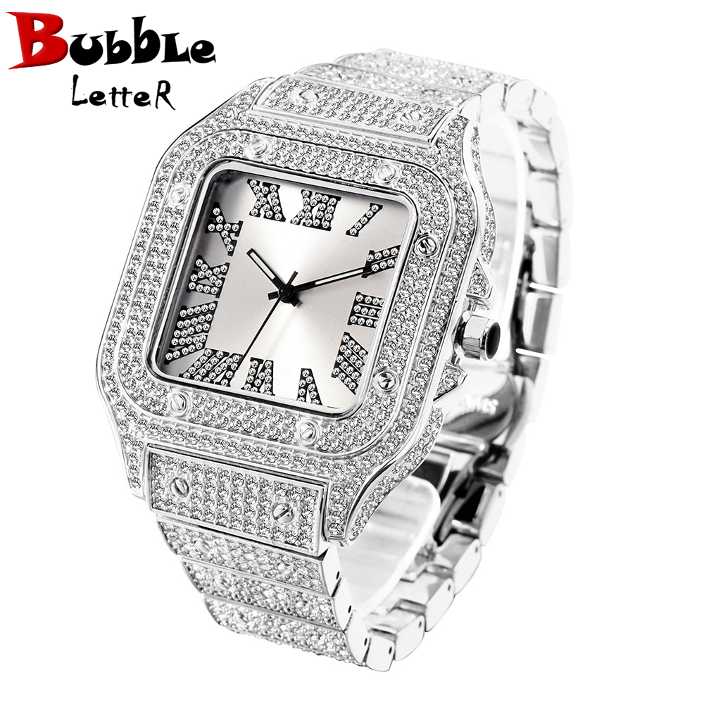 Bubble Letter SQUARE WHITE GOLD DIAL VVS NUMERALS ICE OUT DIAMOND WATCH