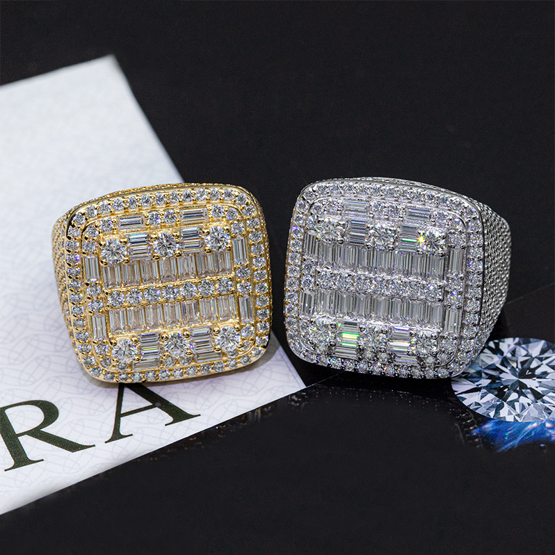 Bubble Letter Silver Moissanite VVS Square Baguette Ring for Men Hip Hop Jewelry