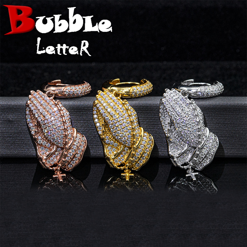 Bubble Letter Silver Moissanite VVS Pray Cross Stud Earring for Men Hip Hop Jewelry