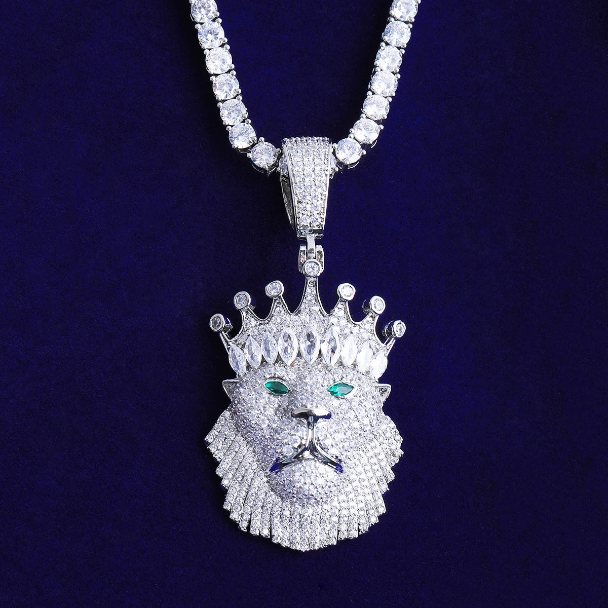 Bubble Letter Iced Out Crown Lion Green Eye Necklace Pendant for Men Real Gold Plated 5A Cubic Zirconia Hip Hop Jewelry