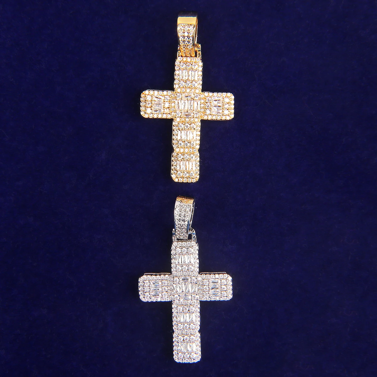 BubbLe Letter Men Necklace Baguette Cross Pendant Real Gold Plated Iced Out Hip Hop Jewelry Rapper