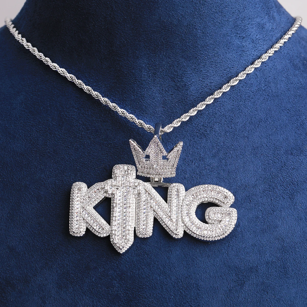 Bubble Letter Iced Out King Sword Crown Bail Necklace Pendant for Men Prong Setting 5A Cubic Zirconia Hip Hop Jewelry