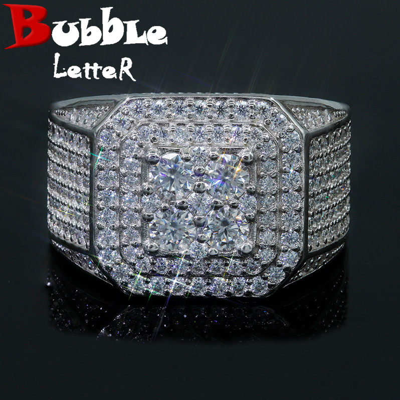 Bubble Letter Silver Moissanite Two Layers Ring for Men Hip Hop Jewelry