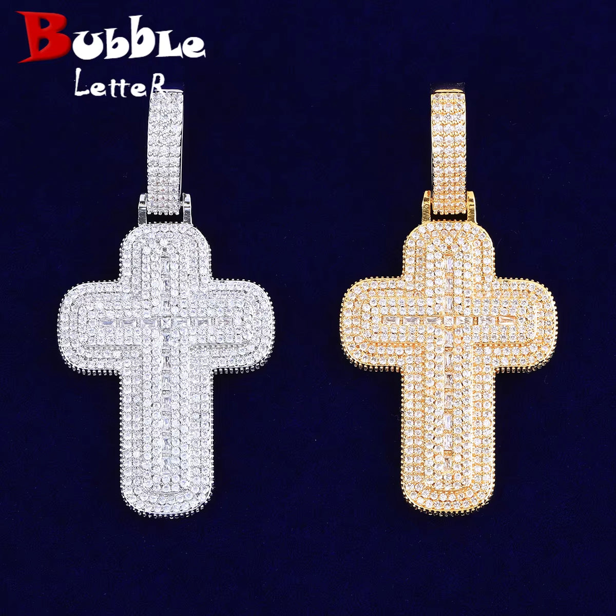 Bubble Letter Iced Out Baguette Two Layers Cross Necklace Pendant for Men Real Gold Plated Hip Hop Jewelry