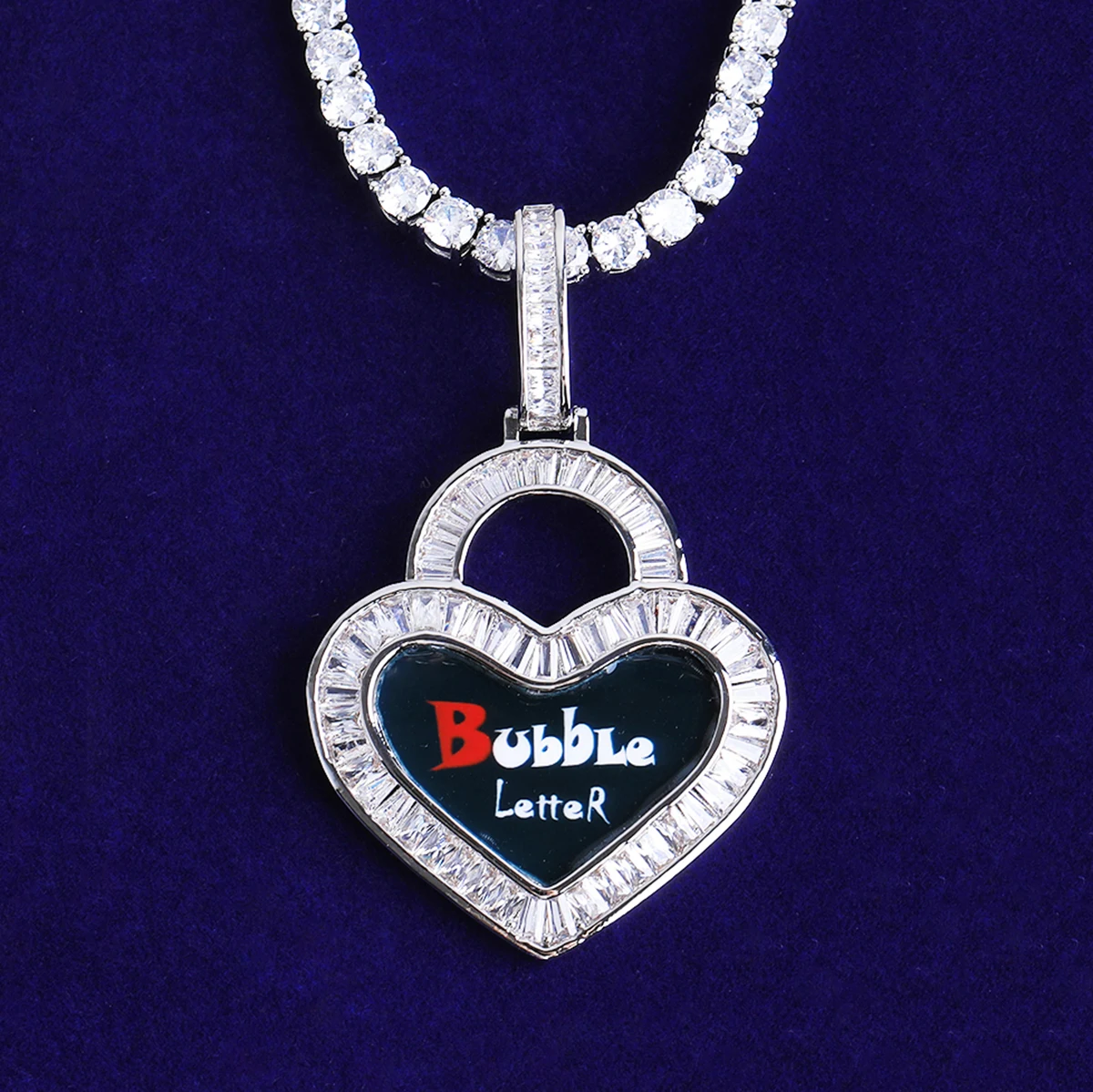 Bubble Letter Iced Out Custom Photo Necklace Pendant for Women Prong Setting 5A Cubic Zirconia Hip Hop Jewelry