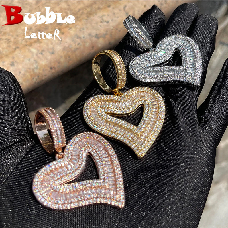 Bubble Letter Baguette Open Love Heart Necklace Pendant for Women Iced Out Charms Glossy Girl Fashion Jewelry