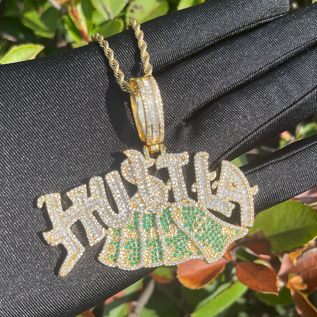 Bubble Letter Iced Out Necklace for Men Hustle US Dollar Pendant Prong Setting Real Gold Plated Hip Hop Jewelry