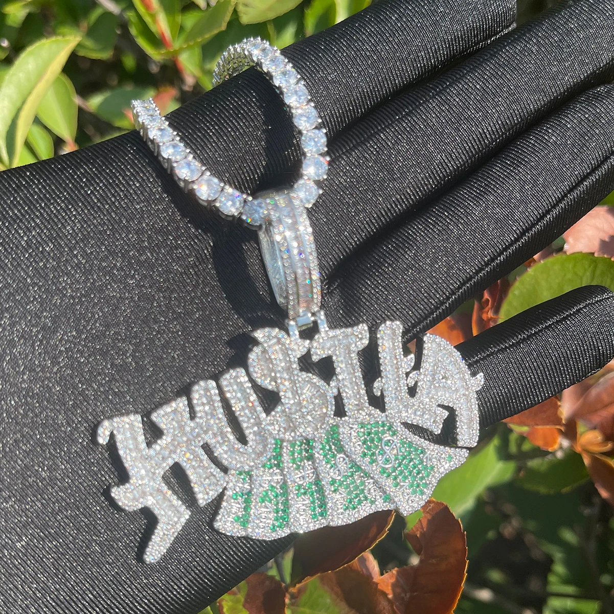 Bubble Letter Iced Out Necklace for Men Hustle US Dollar Pendant Prong Setting Real Gold Plated Hip Hop Jewelry