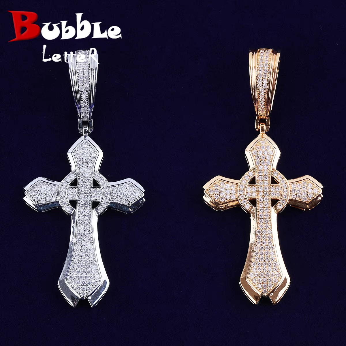 Bubble Letter Iced Out Cicle Cross Necklace Pendant for Men Prong Setting Cubic Zirconia Hip Hop Jewelry